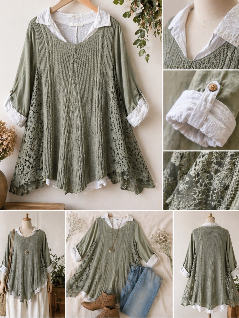 Boho Italian Knit & Lace Tunic Top White & Sage Green Layered 2 piece OS - Picture 2 of 10